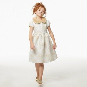 Janie & Jack Cream Gold Metallic Floral Jacquard Dress Sz 12 Faux Fur Collar NWT